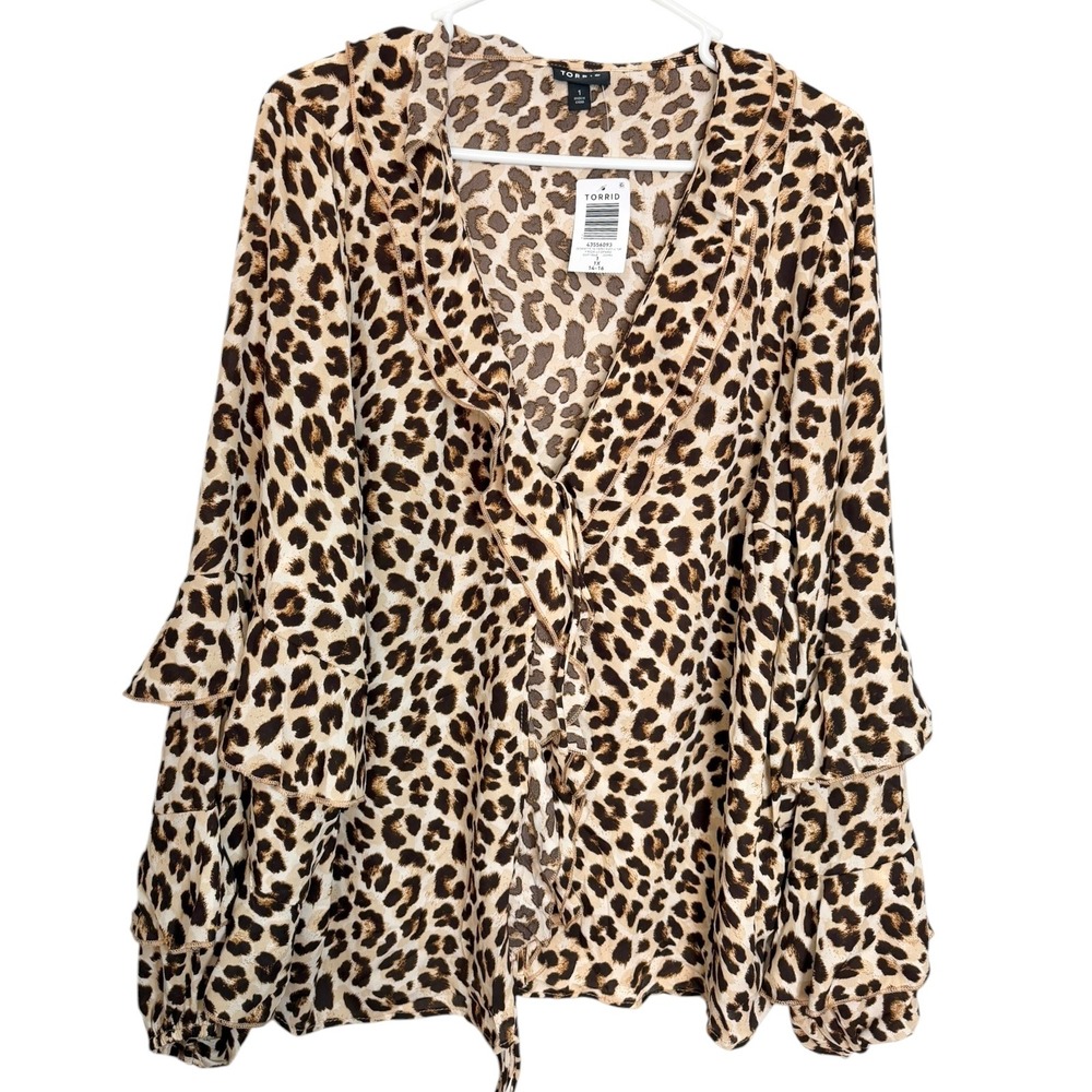 NEW Torrid 1 1X Brown Leopard Georgette Tie Front Ruffle Top Animal Print